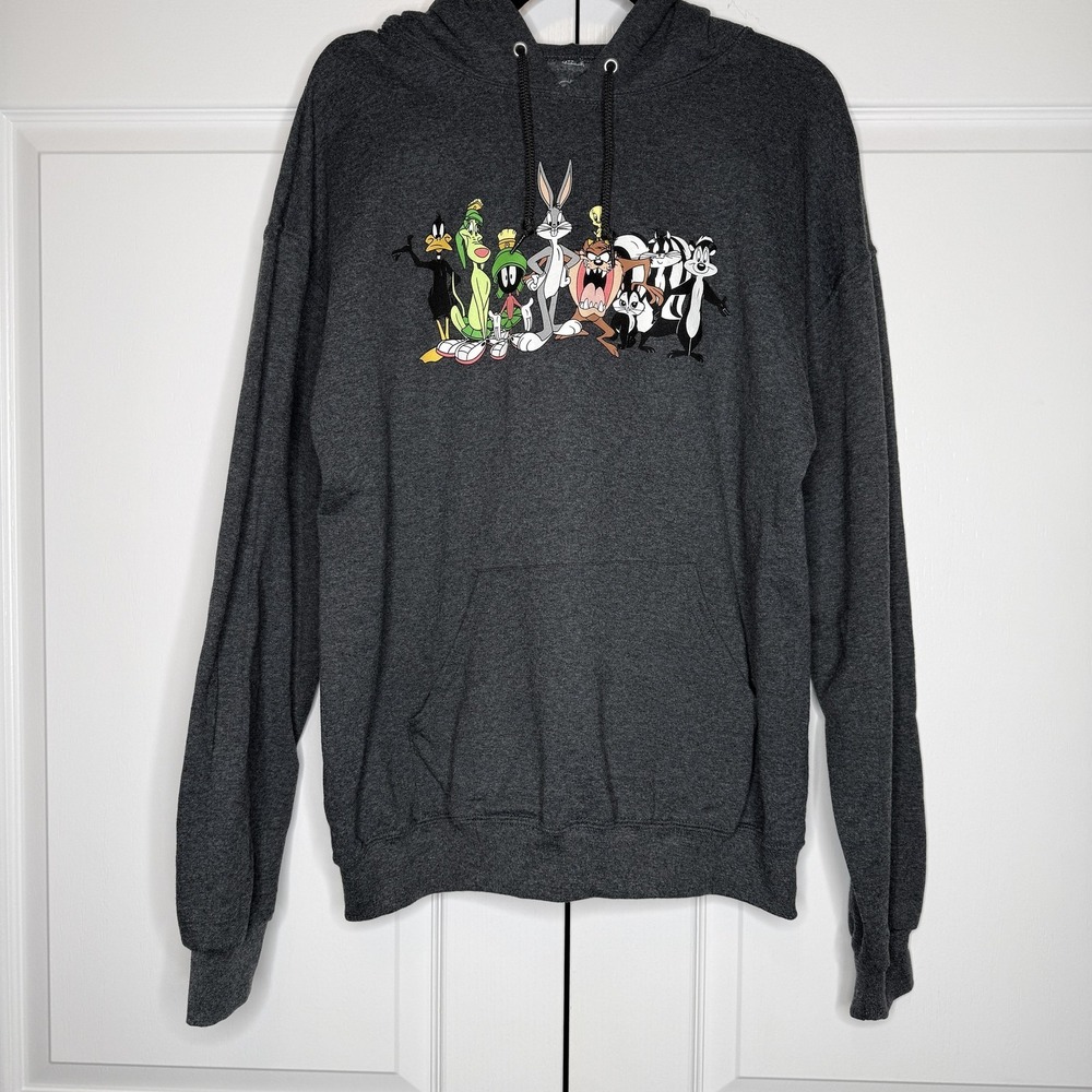 Looney Tunes Hoodie Mens Medium Gray Graphic Pullover Sweatshirt Cartoon